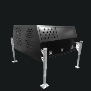 Black powder coated dual cab jack off canopy with full dog box